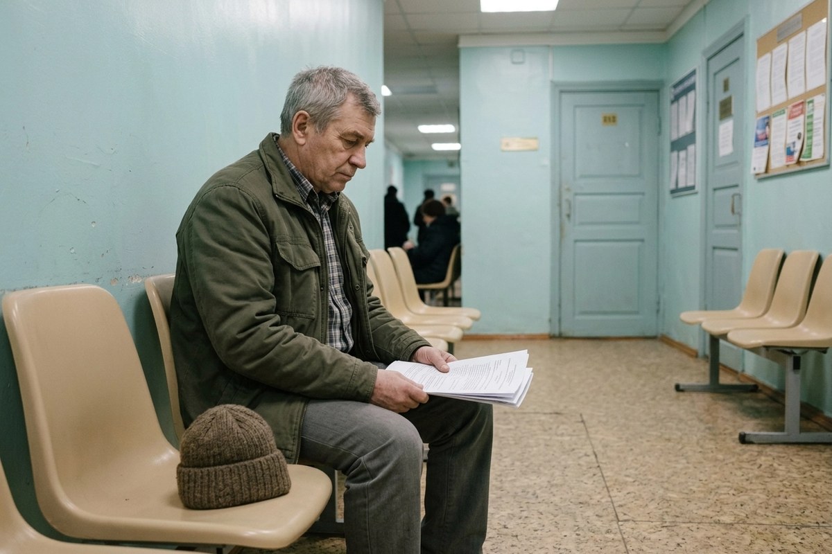 Мужчина старшего возраста в коридоре поликлиники с бумагами